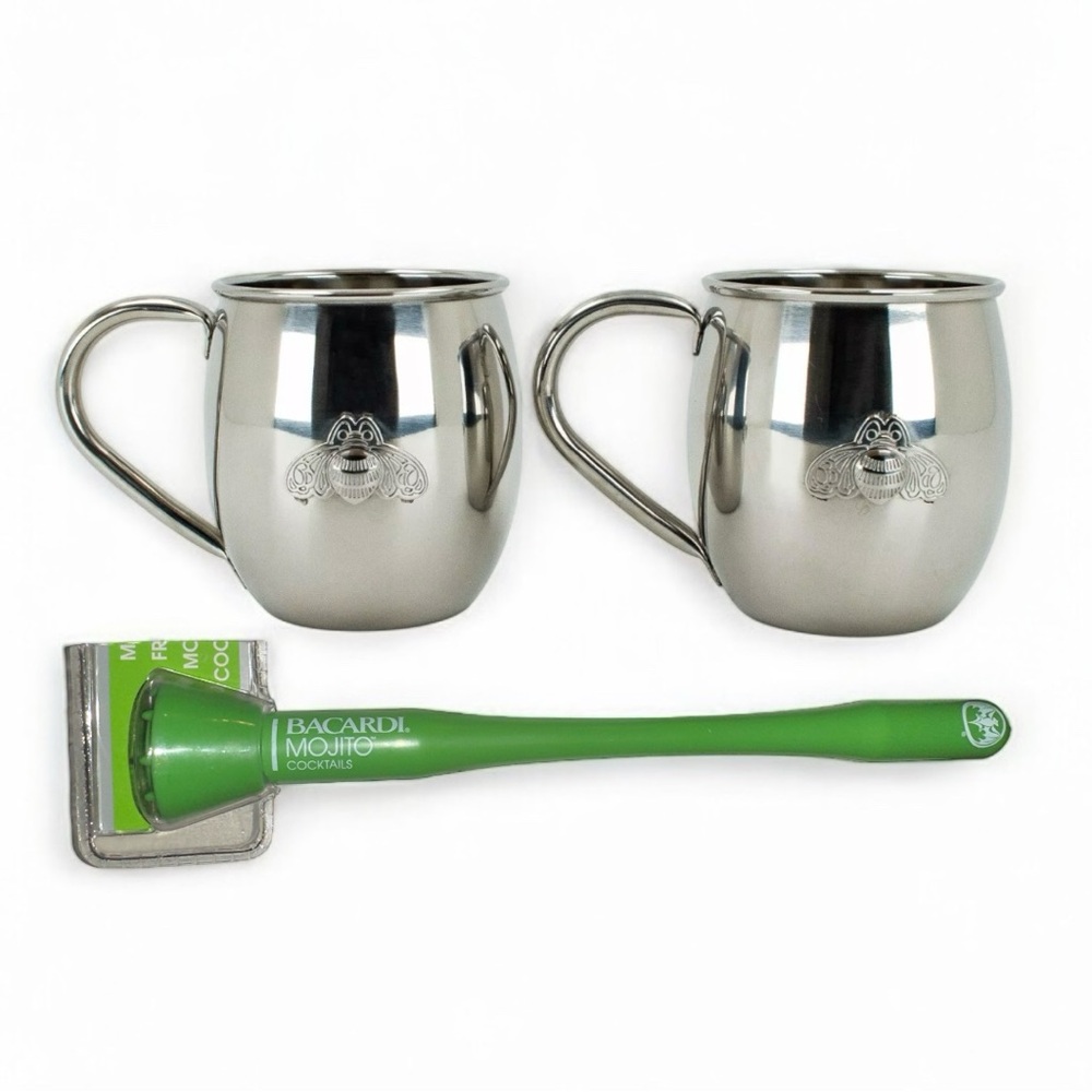Set of 2 Patron Moscow Mule Stainless Steel Mug Cup w/ Bacardi Mint Lime Muddle